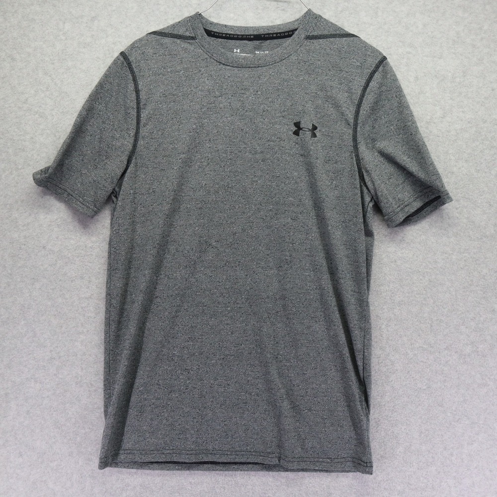 Under Armour Shirt Mens Small Threadborne Heatgear Fitted Logo Gray Short Sleeve